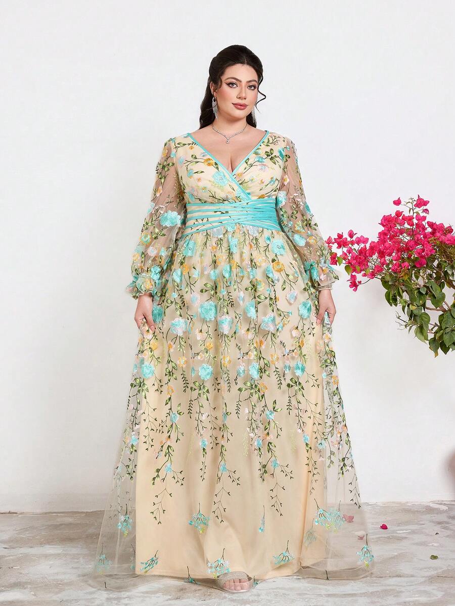 口袋款，新款，V领，刺绣，蕾丝，长灯笼袖，腰带，大摆，高端晚礼服，适合，舞会、婚礼、派对、婚礼宾客等场合，女士蓝色连衣裙 - 藍色 - 查看 1