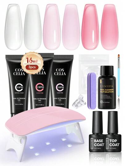  COSCELIA Complete Nail Extension Kit, 3 Colors 16ml Polymer Nail Gel, Comes With UV Lamp, Base Coat, Top Coat, Slip Solution (Product Upgraded, Randomly Shipped), Suitable For Beginners And Professionals