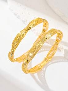 2pcs/Set Classic Luxury Gold Bangle Bracelets - 4 Styles Available For Women - Yellow Gold - View 5
