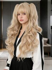 28英寸长波浪假发+2条马尾辫，浅金色卷曲合成假发带刘海，自然逼真，适合日常佩戴和万圣节装扮 - 亞麻金 - 查看 3