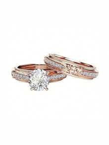 Conjunto de 2 anéis elegantes com zircônia cúbica para mulheres, ideal para presentear no Dia dos Namorados, em casamentos, aniversários e festas. - 1# - Ver 2