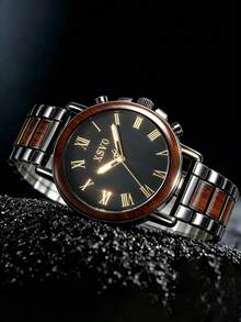 1pc XSVO Wooden Grain Black Steel Waterproof Watch, Vintage Multi-Function Quartz Watch, Commuter Steel Band Watch - one-size - View 4