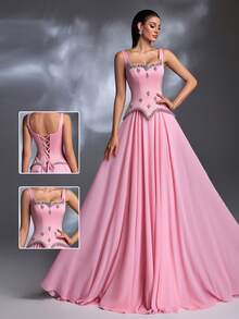 A Pink Rhinestone-Embellished Square Neck Peplum Lace-Up Chiffon Train Court-Style Luxury Evening Gown - Pink - View 7