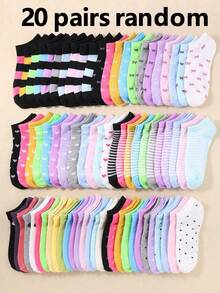 20 pares de calcetines cortos para niños: colores de caramelo, lazo de encaje, estampado de corazón, rayas, suaves y cómodos, casuales y versátiles, calcetines escolares - adecuados para uso diario, surtido de colores aleatorios - Multicolor - Ver 18