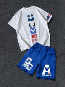 Disney Bộ đồ thể thao đường phố Mickey Mouse 2 món: Áo thun trắng tay ngắn dáng rộng + Quần short thể thao màu xanh dương. Bộ đồ thoải mái này là món quà không thể thiếu dành cho người hâm mộ. - Xanh và trắng - Xem 2