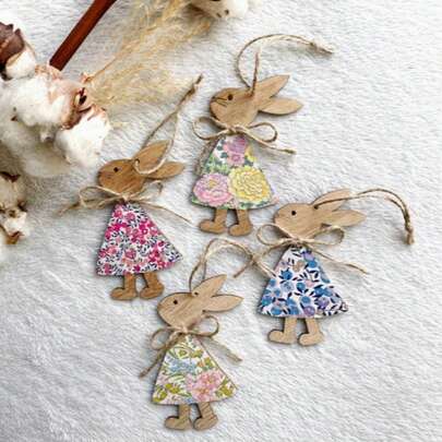 4 Pieces Of Easter, Thanksgiving Decorations, Wooden Home Decor, Wall Decorations, Perfect Holiday Gifts, Spring Garden Yard, Party Party Decorations, Tabletop Decorations, Father's Day And Mother's Day Gifts, Easter Floral Skirt, Wooden Bunny Pendant, Rustic Floral Cloth Skirt+Hemp Rope Tie Design Suitable For Easter Decoration