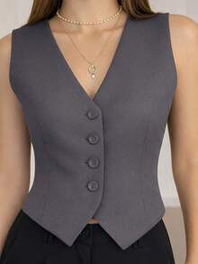 Women's V-Neck Button-Down Dress Vest - 灰色 - 查看 2