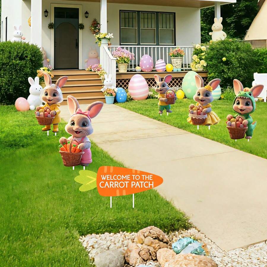 2D Flat Easter Bunny & Carrot Yard Stake Decor, Garden Lawn Decoration For Easter Holiday Party - A - View 1