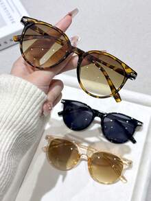 3副塑料几何豹纹全框现代简约风格女式眼镜，适合度假礼物、夏季驾驶、狂欢节派对、街头摄影、热带海滩度假、狂欢节装饰，适合所有脸型 - 3pcs 紋透茶 - 查看 3