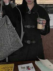 黑色 Polo 领羊毛混纺大衣，高品质女士外套，适合秋冬季穿着 - 黑色 - 查看 5