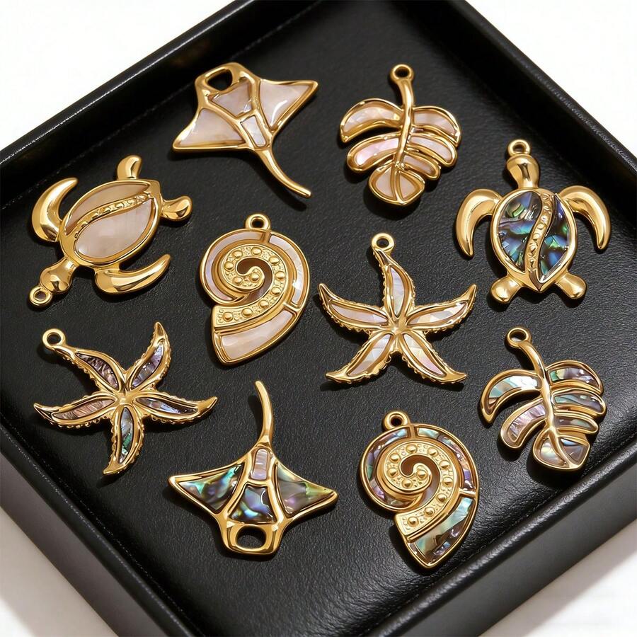 1件不锈钢贝壳、海星、树叶吊坠，海洋沙滩主题饰品，家居手工DIY项链、耳环、手链首饰制作材料 - 吊墜 - 查看 1