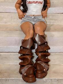 Y2K Women's Black Mid Calf Boots Slouchy Fold Over Boots Stacked Heel Pleated Ruched Platform Motorcycle Nightclub Cosplay Winter Autumn Fall Shoes - màu nâu - Xem 7