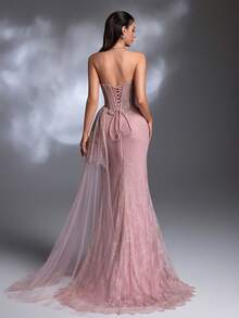 A Nude Pink Lace Ruched Strapless High-Slit Tulle Train Lace-Up Elegant Evening Gown - Rusty Rose - View 2