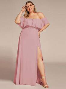 EVERPRETTY Plus Size Women's Off-Shoulder Ruffle Hem Side Slit Elegant Lotus Pink Bridesmaid Dress, Suitable For Wedding, Birthday Party In Spring/Summer - Dusty Pink - View 4