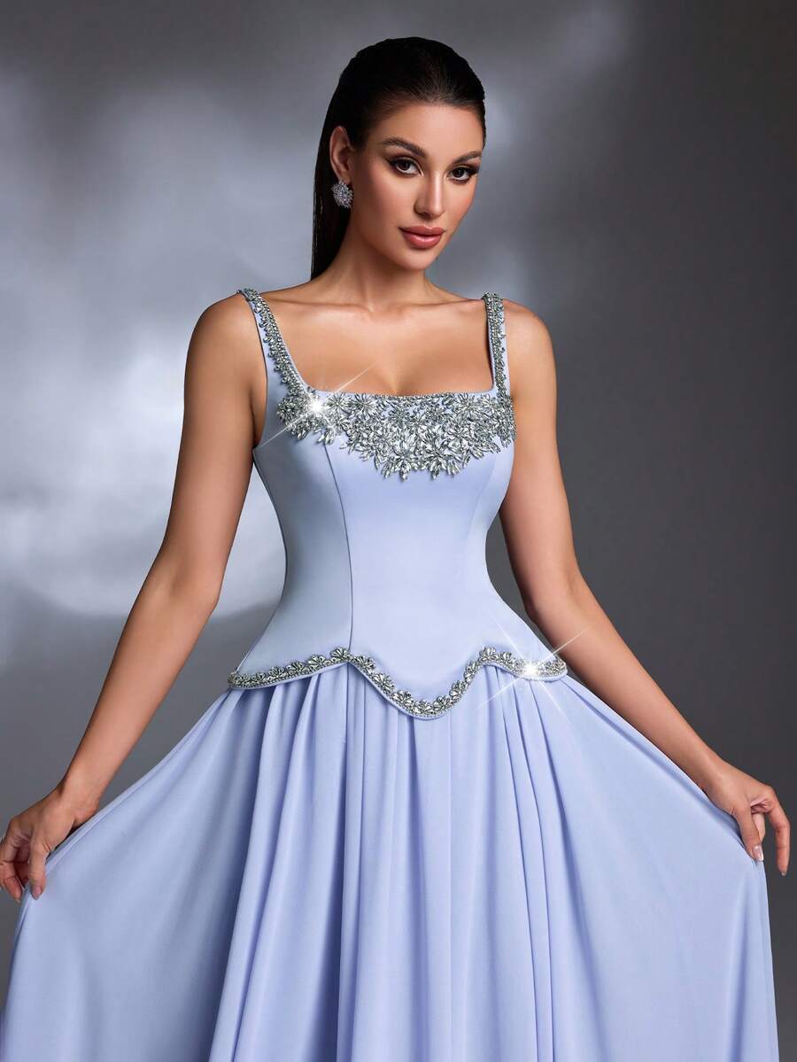 浅蓝色水钻装饰方领荷叶边系带雪纺长裙优雅晚礼服 - 淺藍色 - 查看 1