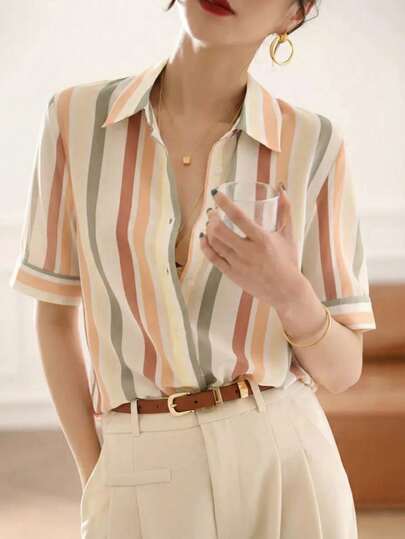YUXIN Women's Retro Striped Short Sleeve Shirt, Elegant Multi-Color Vertical Striped Collared Button-Up Blouse, Vintage Fitted Summer Holiday & Casual Wear Top