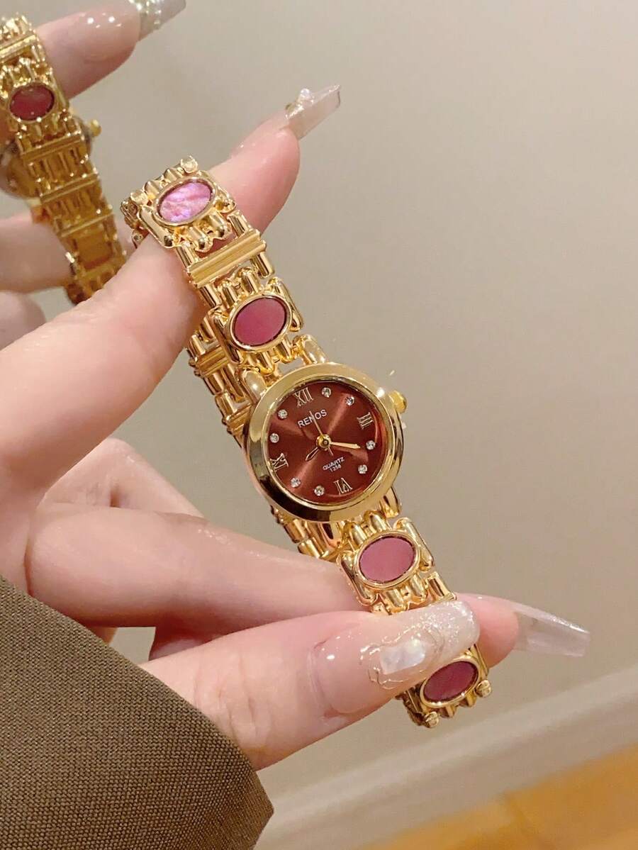 1件装女士金色合金不对称手镯腕表，时尚阿拉伯数字表盘，石英机芯，可调节表带，适合日常佩戴和节日送礼 - 紅色 - 查看 1