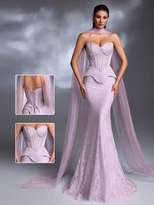 A Lavender Lace Strapless Tulle Shawl Lace-Up Mermaid Train Elegant Retro Evening Gown Party Spring - Mauve Purple - View 7