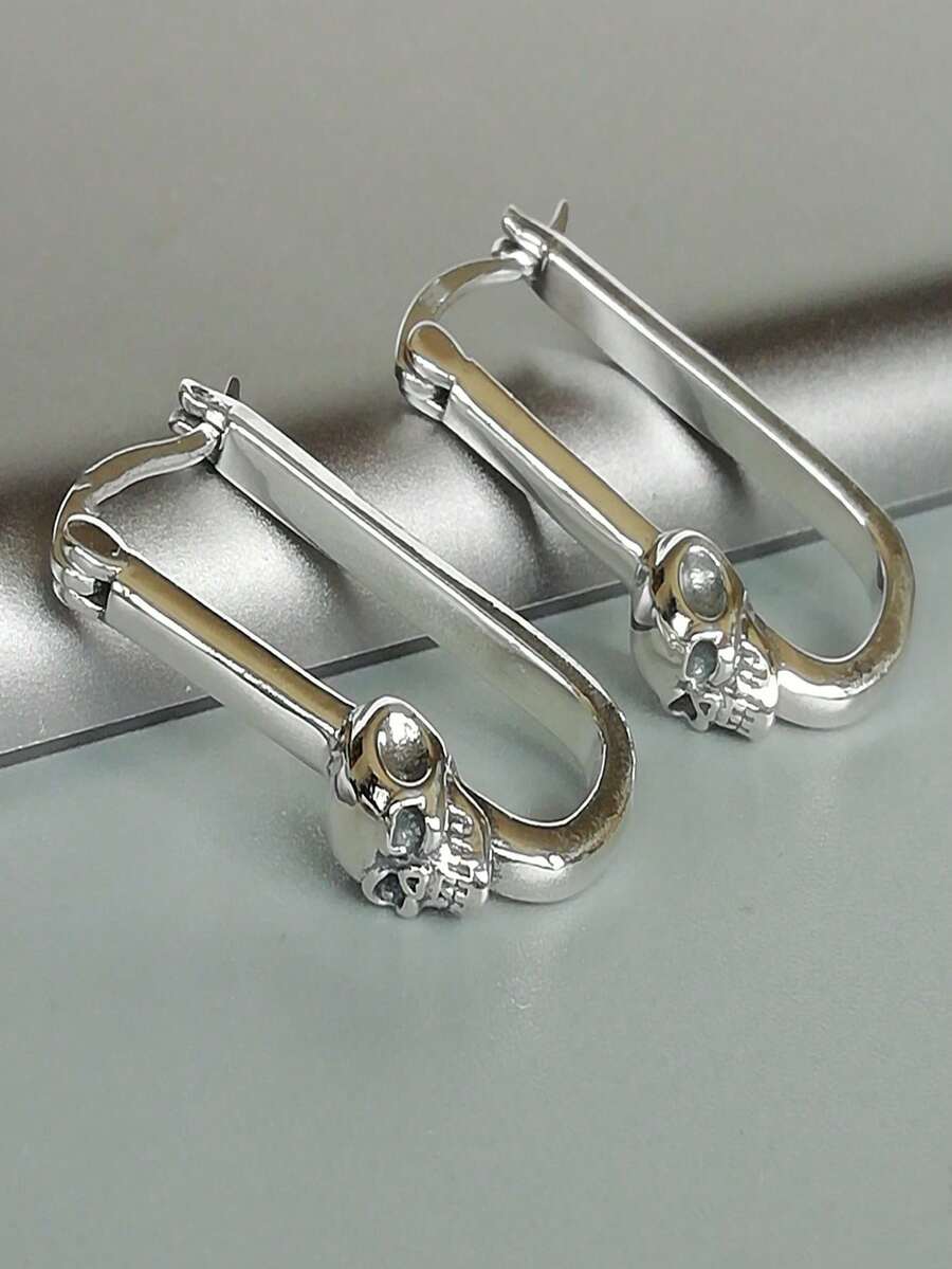 2pcs Men's Retro Punk Skull Earrings, Fashion Jewelry Gift For Wedding, Engagement, Party - Silver - View 1