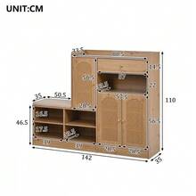 Shoe Cabinet With Upholstered Bench, 3 Woven Rattan Doors And 1 Drawer. Multifunctional Storage Unit With Shoe Rack For The Entryway. Wood Effect. Dimensions: 142 Cm (Width) X 35 Cm (Depth) X 110 Cm (Height). - Wood Color - View 12