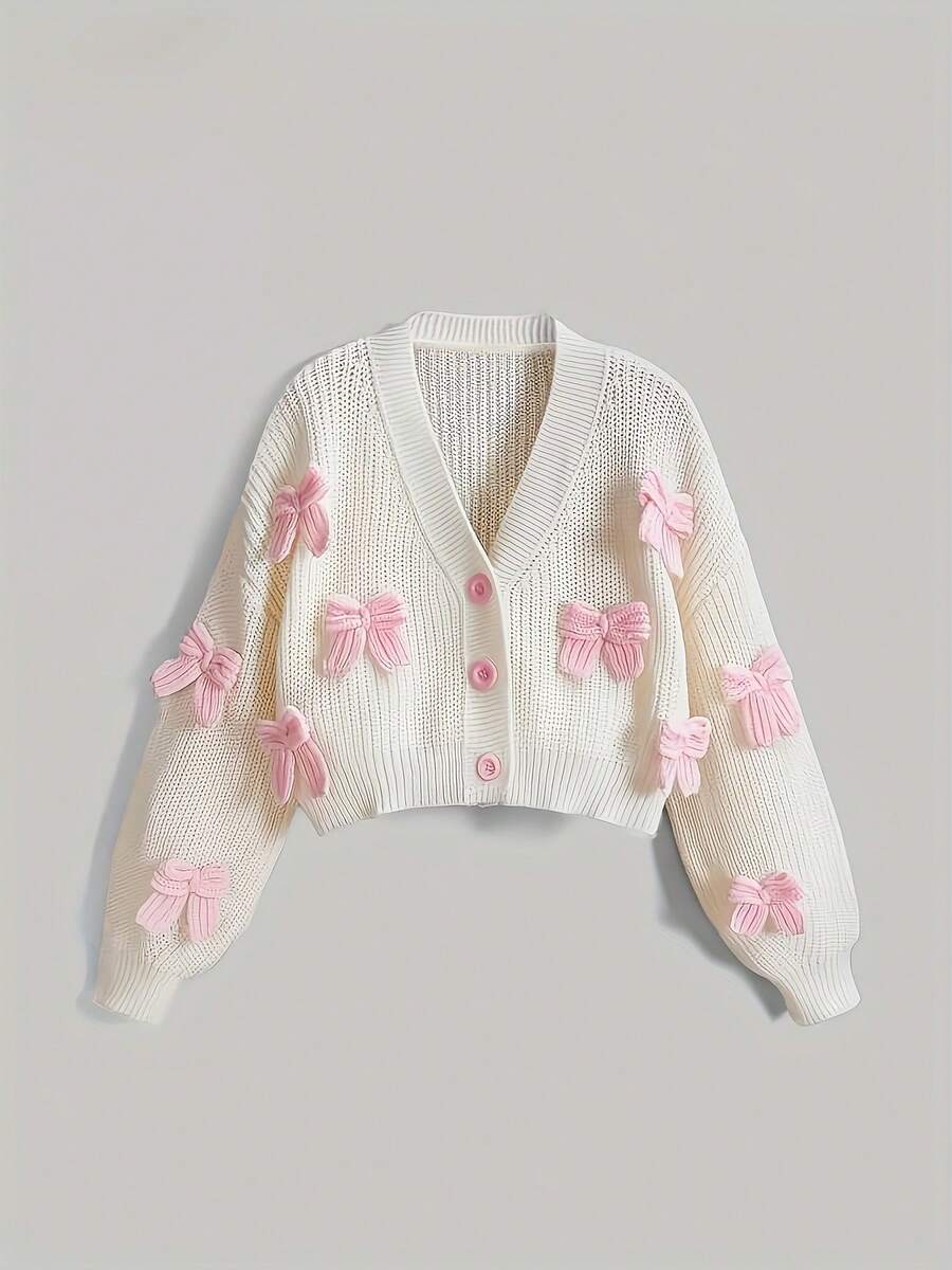 Áo len cardigan dài tay dáng rộng cổ chữ V thắt nơ 3D thời thượng kiểu dáng nữ tính châu Âu và Mỹ năm 2026 màu trắng - trắng - Xem 1