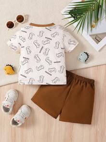 2pcs Baby Boys' Cute Simple Round Neck Short Sleeve Dinosaur Cartoon T-Shirt Top Paired With Solid Color Shorts, Fashionable & Versatile Baby Boy Outfit, Suitable For Spring/Summer Daily, Party, Outing - Multicolor - View 3