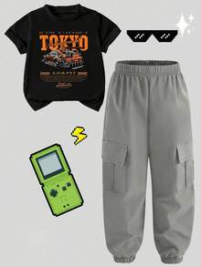 Young Boy Cartoon Print Round Neck Short Sleeve Top And Cargo Pants Set - Black - View 3
