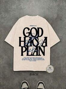 Jesus Graphic Print T-Shirt 'God Has A Plan', Double-Sided Print, Washed T-Shirt, Party Favors, Y2K Graphic Tees For Men, Vintage Washed Urban Style T-Shirts, 230G Cotton T-Shirts, 100% Pure Cotton, Unisex Graphic Tees For Halloween And Back To School, New Casual T-Shirts For Men And Women (Retro Style, Heavyweight, Unisex) - 杏色 - 查看 2