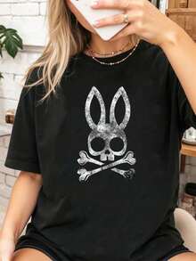 100% Cotton Funny Jolly Roger Bunny Skull Crossbones Hunt Easter Day T-Shirt Cute Valentines Top Women - 黑色 - 查看 6