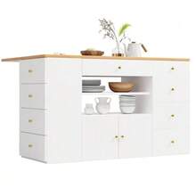 Kitchen Island, Sideboard With Bar Stools, Kitchen Cabinet With 6 Drawers & Stools, Width Adjustable 140*40(70)*89cm - White - View 9