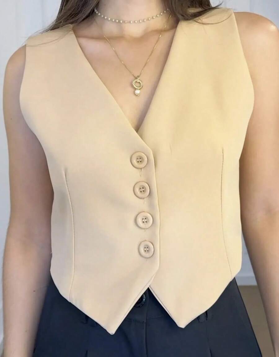 Women's V-Neck Button-Down Dress Vest - Màu be - Xem 1