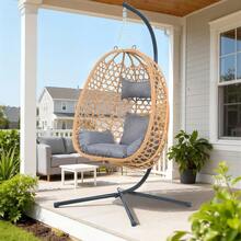 Hanging Egg Chair With Stand & Cushions - All-Weather Rattan Swing Chair For Patio, Balcony, Garden (Modern Boho Design, Ready-To-Use Indoor Outdoor)-Grey - A - View 1