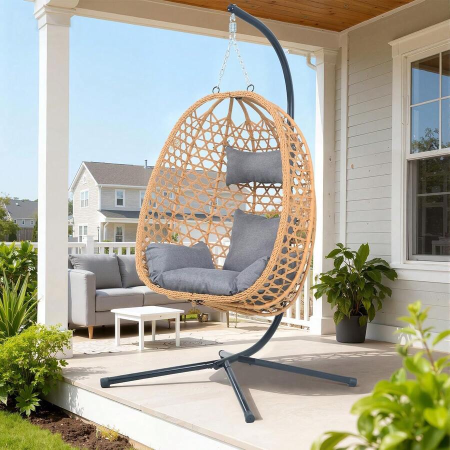 Hanging Egg Chair With Stand & Cushions - All-Weather Rattan Swing Chair For Patio, Balcony, Garden (Modern Boho Design, Ready-To-Use Indoor Outdoor)-Grey - A - View 1