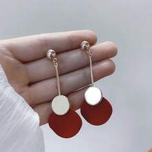 Fashionable Retro Asymmetrical Geometric Gold Metal Dangle Earrings With Red Pendant, Suitable For Women's Christmas Party Jewelry - Red Wine - View 10