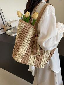 Dedoo Women's Fashionable Summer Vacation Style Woven Tote Bag, Large Capacity, Lazy Style Straw Woven Shoulder Bag, Beach Commuter Bag - Khaki - View 7