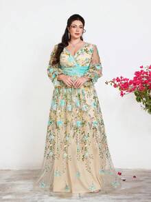 口袋款，新款，V领，刺绣，蕾丝，长灯笼袖，腰带，大摆，高端晚礼服，适合，舞会、婚礼、派对、婚礼宾客等场合，女士蓝色连衣裙 - 藍色 - 查看 6