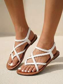 planare Sandal đế bằng quai dệt màu trắng dành cho nữ, kiểu dáng tối giản, thoải mái, co giãn, thích hợp cho mùa hè, đi nghỉ mát, phong cách Boho. - trắng - Xem 4