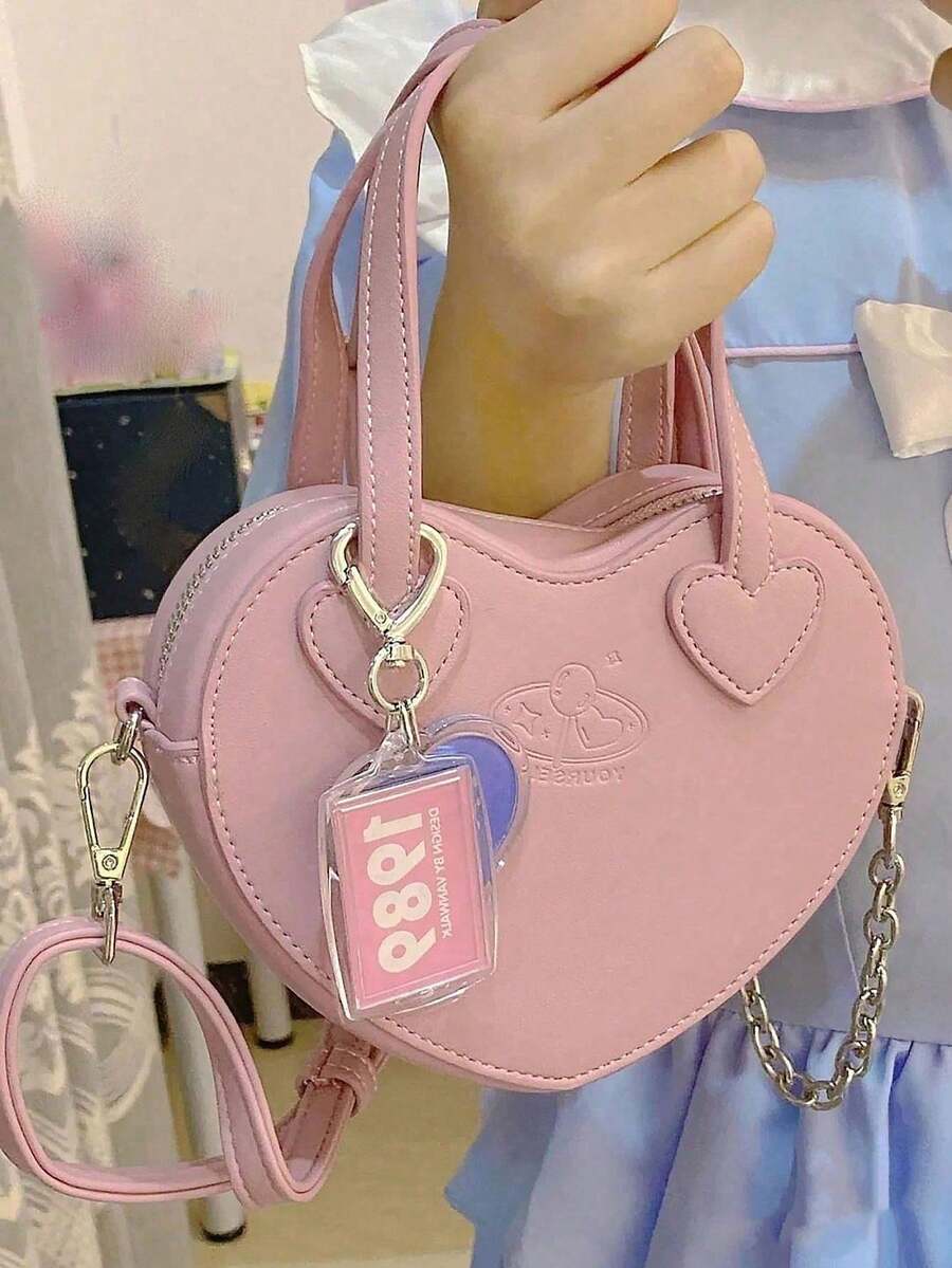 Sweet Girl Crossbody Bag, Playful Heart-Shaped Handbag, Mini Phone Pouch - Pink - View 1