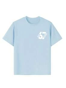 青少年男孩“67”趣味数字表情包图案时尚短袖T恤，适合日常穿着、上学和街头穿着。 - 淺藍色 - 查看 6