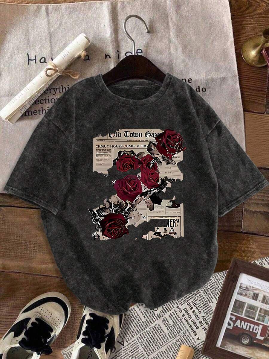 Women's Vintage Newspaper Print Short Sleeve T-Shirt - Plus Size Retro Patchwork Style Casual Round Neck Tee For Summer, Suitable For Casual Wear, Layering - Machine Washable Vintage T-Shirt Black