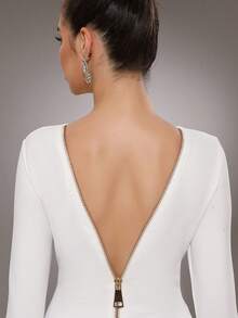 Sexy Women's Long Sleeve Large Zipper Back Bodycon Midi Dress For Vacation And Party - White - View 8