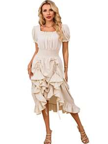 French Countryside Style Square Neck Puff Sleeve Women's Dress, Elastic Waist Ruffle Hem Mid-Length Dress, Cinched Waist Reversible Dress Suitable For Daily Wear/Party - Champagne - View 3