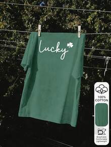 Camiseta de verano casual de 100% algodón con estampado de letra afortunada de San Patricio para mujer, camiseta gráfica, tela suave, ropa de algodón, parte superior para exteriores, estampado impreso, camiseta de verano, camiseta de mujer, parte superior, blusa de verano, atuendo de vacaciones, estilo de viaje, vibra de playa, ropa minimalista para días festivos - Verde - Ver 5