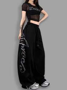 Early Spring/Summer Rhinestone Embellished Loose Fit Relaxed Jazz Dance Wide Leg Casual Pants For Women, Retro American Style - Black - View 5
