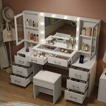 Yanosaku 59'' W Large Vanity Desk With Lights And Mirror, White Makeup Vanity With Power Outlet, 8 Drawers & 2 Cabinets, 3 Lighting Modes Brightness Adjustable, Glass Top Vanity With Chair For Bedroom - Xem 6