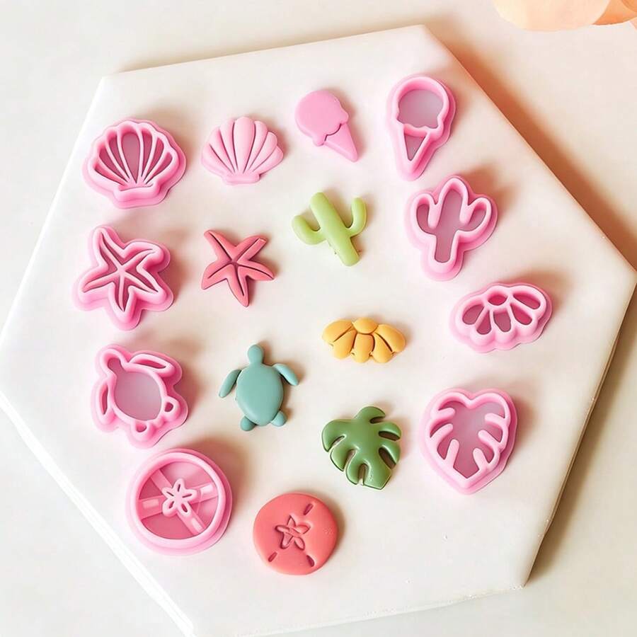 Bộ 8 khuôn cắt đất sét polymer hình bãi biển, hình sao biển, rùa màu hồng pastel, dụng cụ thủ công để làm khuyên tai, trang sức phong cách Boho, quà tặng thủ công mùa hè. - Hồng - Xem 1