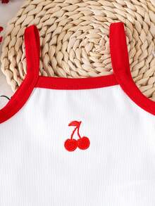 2件套女婴可爱简约樱桃刺绣无袖吊带背心和松紧腰短裤套装，夏季休闲款 - 白色 - 查看 4
