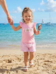 Toddler Baby Girl Outfit Summer Fly Sleeve Starfish Seashell Embroidery T-Shirt Top Plaid Shorts 2PCS Clothes Set - 粉色 - 查看 7