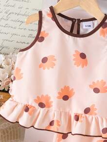 2pcs Baby Girls' Vacation Floral Print Sleeveless Top + Casual Bow Tie Pants Set, Summer - Coral Orange - View 4