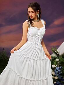 Faeriesty 女士仙女风吊带中长连衣裙 - 采用透气面料，胸部饰有刺绣图案，裙摆飘逸荷叶边，非常适合约会、度假或作为伴娘礼服。 - 白色 - 查看 6